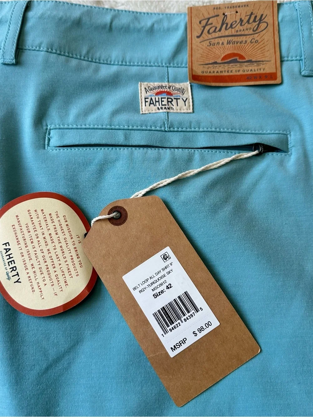 NWT Faherty All Day Shorts Mens sz 42 Belt Loop Turquoise Blue 9